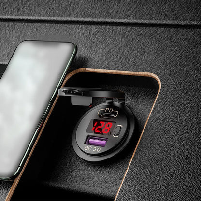 12-24V Car Charger Adapter PD USB Dual Port Quick Charge Phone Charger with Voltage Display