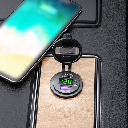12-24V Car Charger Adapter PD USB Dual Port Quick Charge Phone Charger with Voltage Display