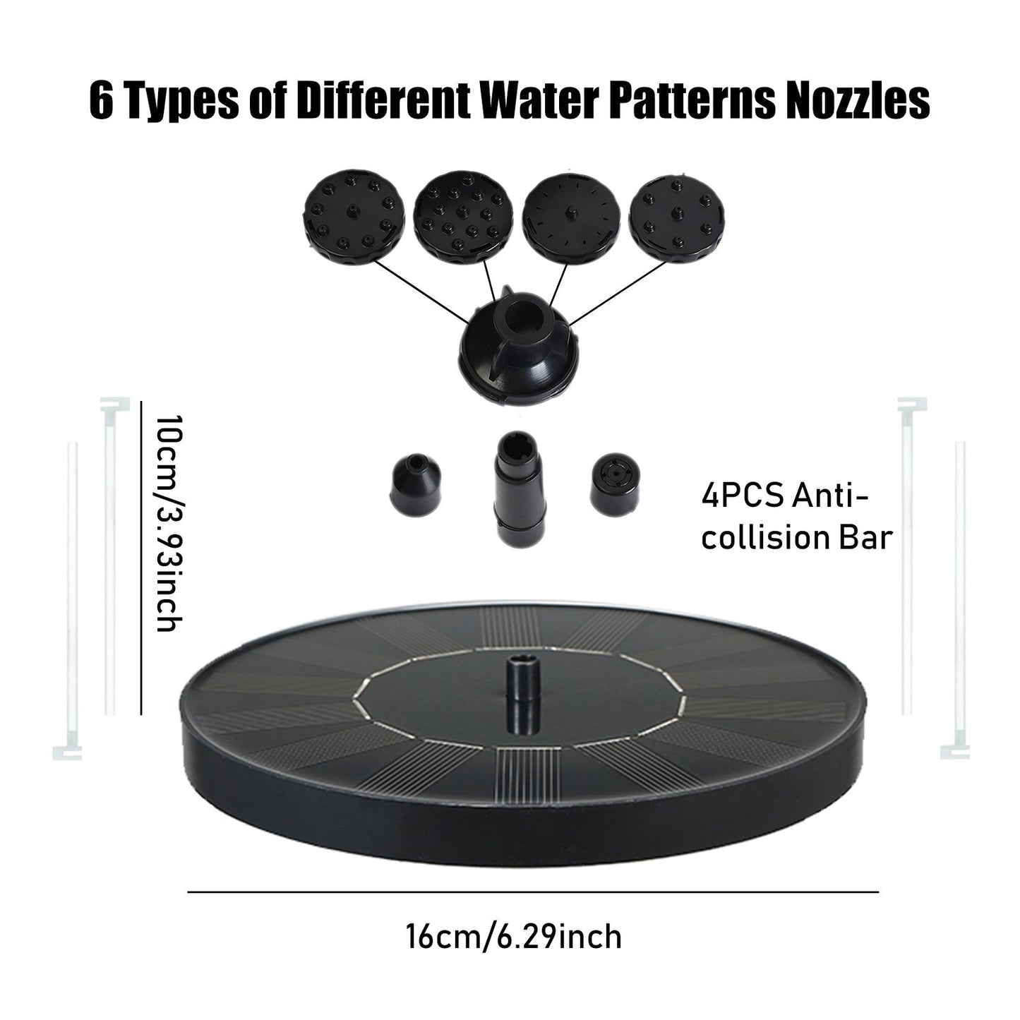 1.5W Solar Fountain Pump Anti-collision Bar Free Standing Water Pump Floating Fountain with 6 Nozzles Filter