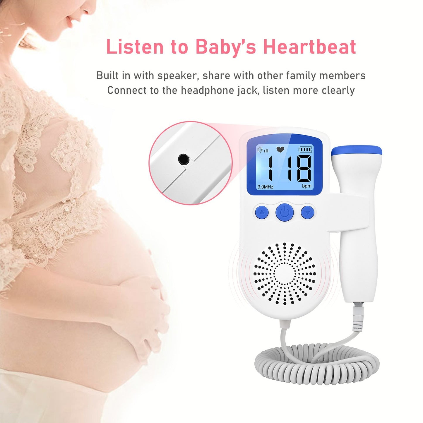Pregnancy Handheld Baby Heartbeat Detector 3.0MHz Portable Fetal Doppler for Home Noise Reduction Baby Heart Monitor