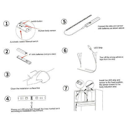 1m 30-LED Warm White Battery Powered PIR Motion Sensor Strip Light Cabinet Wardrobe Lamp with Remote Control