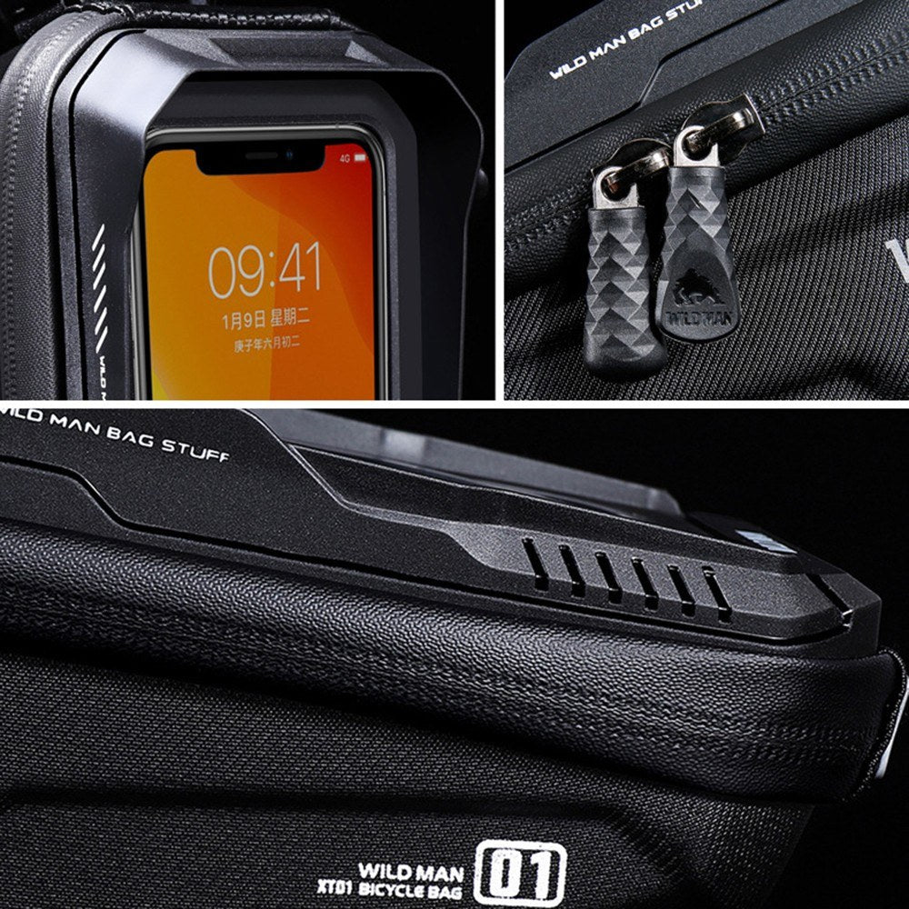 WILD MAN Bike Bicycle Phone Mount Bag 1L Waterproof Front Frame Top Tube Handlebar Bag with Touch Screen Sports Cycling Pack