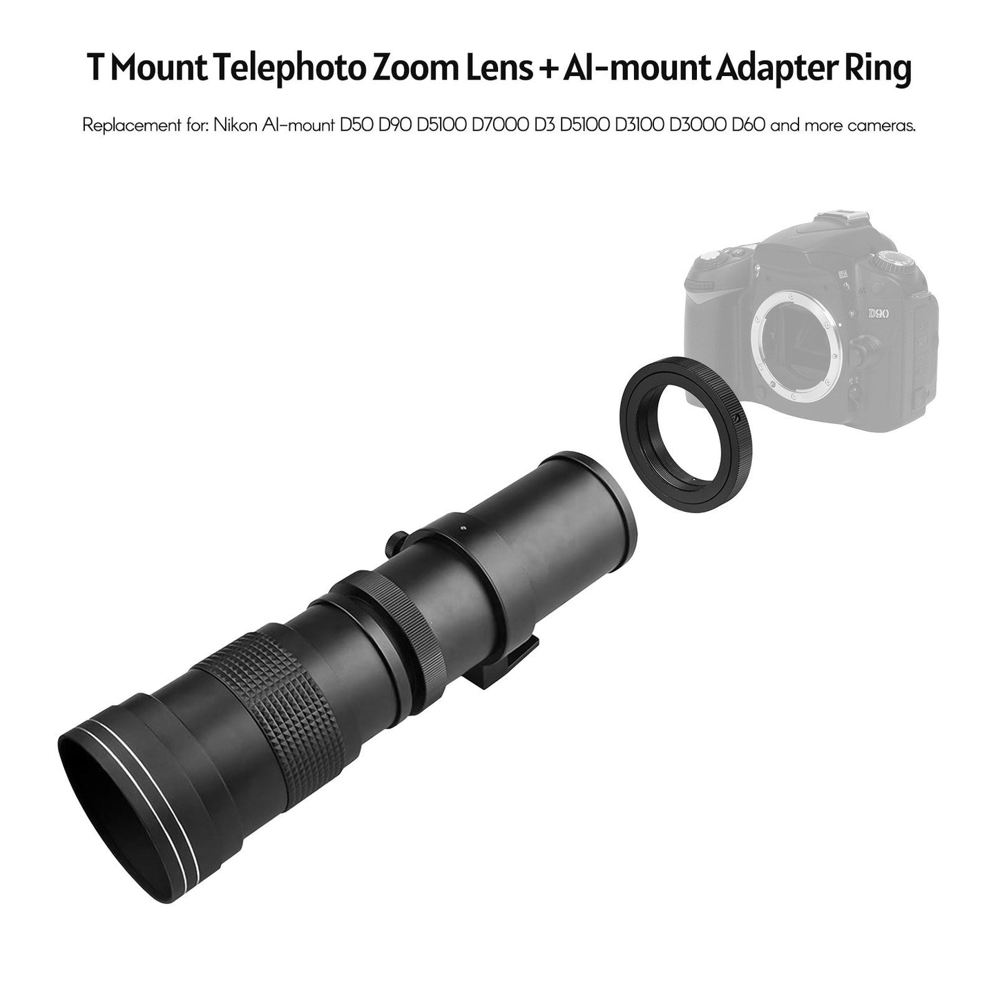 Camera MF Telephoto Zoom Lens Universal 1/4 Thread Replacement for Nikon AI-mount D50 D90 D5100 D7000 D3 D5100 D3100 D3000 D60 Cameras