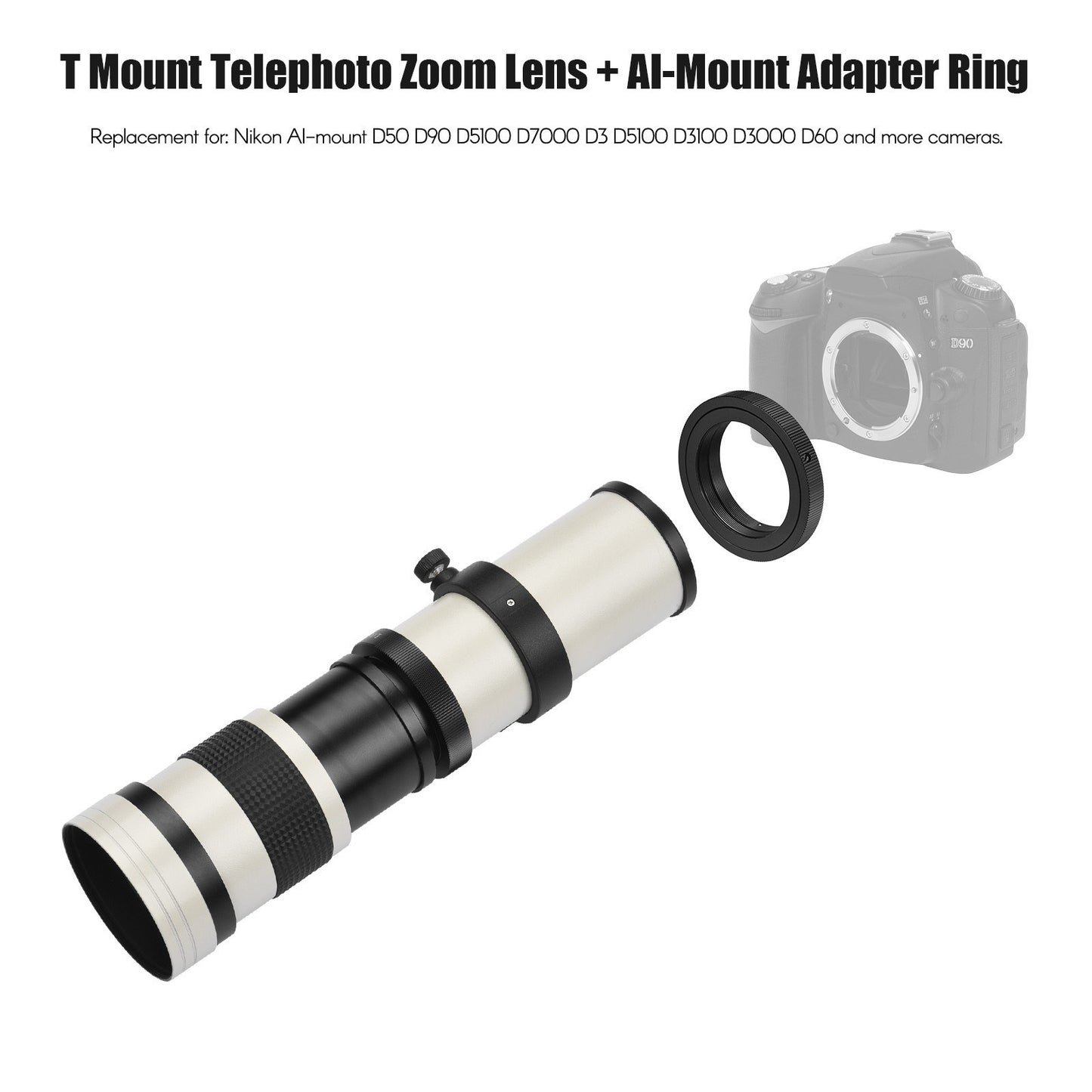 Camera MF Telephoto Zoom Lens Universal 1/4 Thread Replacement for Nikon AI-mount D50 D90 D5100 D7000 D3 D5100 D3100 D3000 D60 Cameras