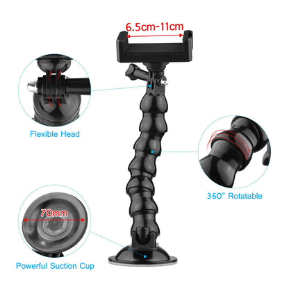 23cm/ 9.1in Flexible Suction Cup Mount Windshield Phone Mount 360-degree Rotating 1/4 Inch Screw Connector with Phone Holder for Smartphone Sports Camera