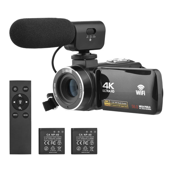 Portable 4K Digital Video Camera 3.0 Inch IPS Touch Screen WiFi Camcorder Anti-Shake DV Recorder 56MP 18X Digital Zoom Supports Face Detection IR Night Vision with 2 Batteries + Remote Control + Carrying Bag + External Microphone