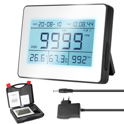EU Plug Professional LCD Data Logging Formaldehyde Detector with Air Temperature Humidity Barometric Pressure Detection
