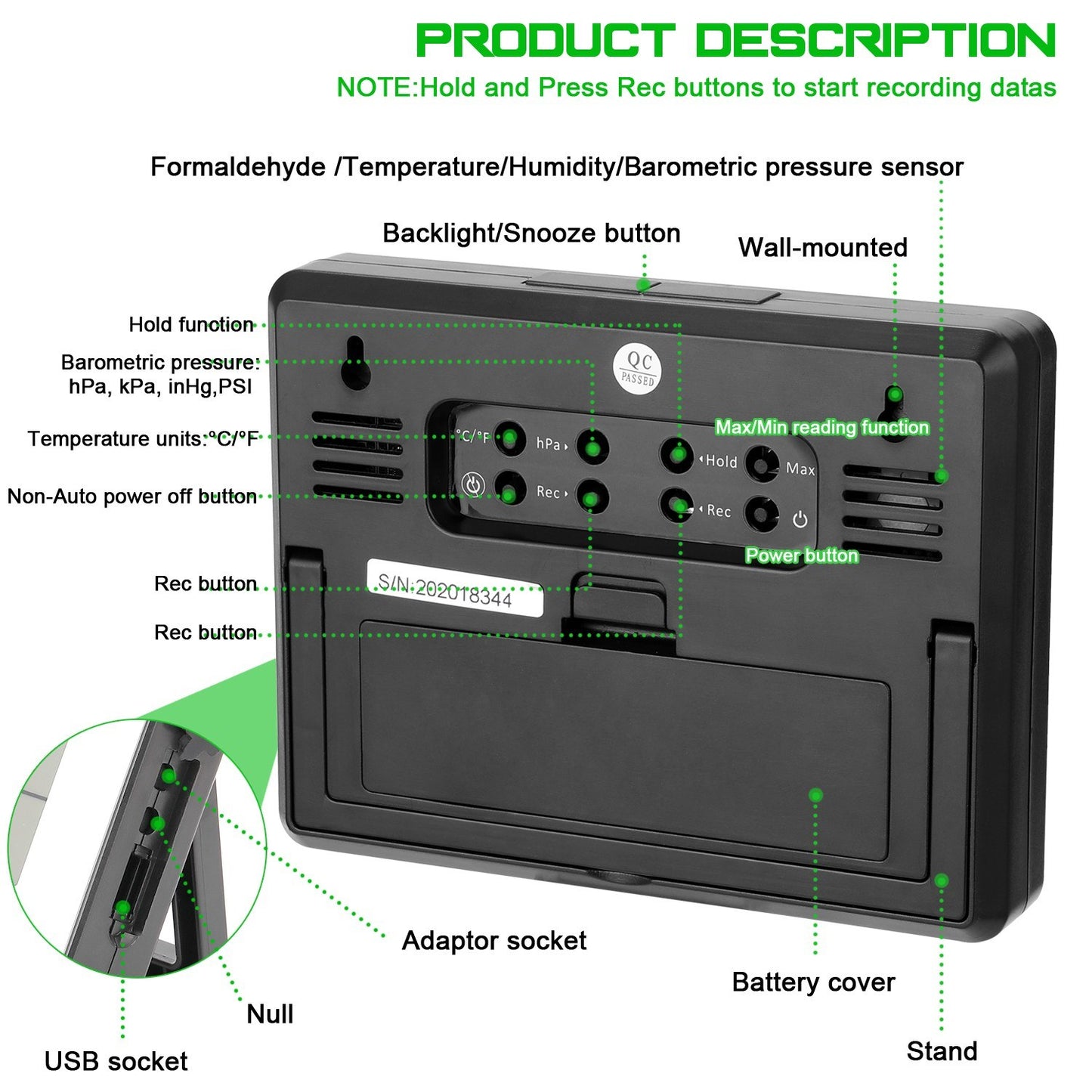 EU Plug Professional LCD Data Logging Formaldehyde Detector with Air Temperature Humidity Barometric Pressure Detection