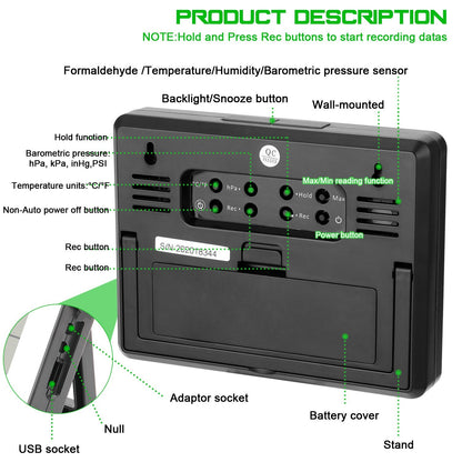 EU Plug Professional LCD Data Logging Formaldehyde Detector with Air Temperature Humidity Barometric Pressure Detection