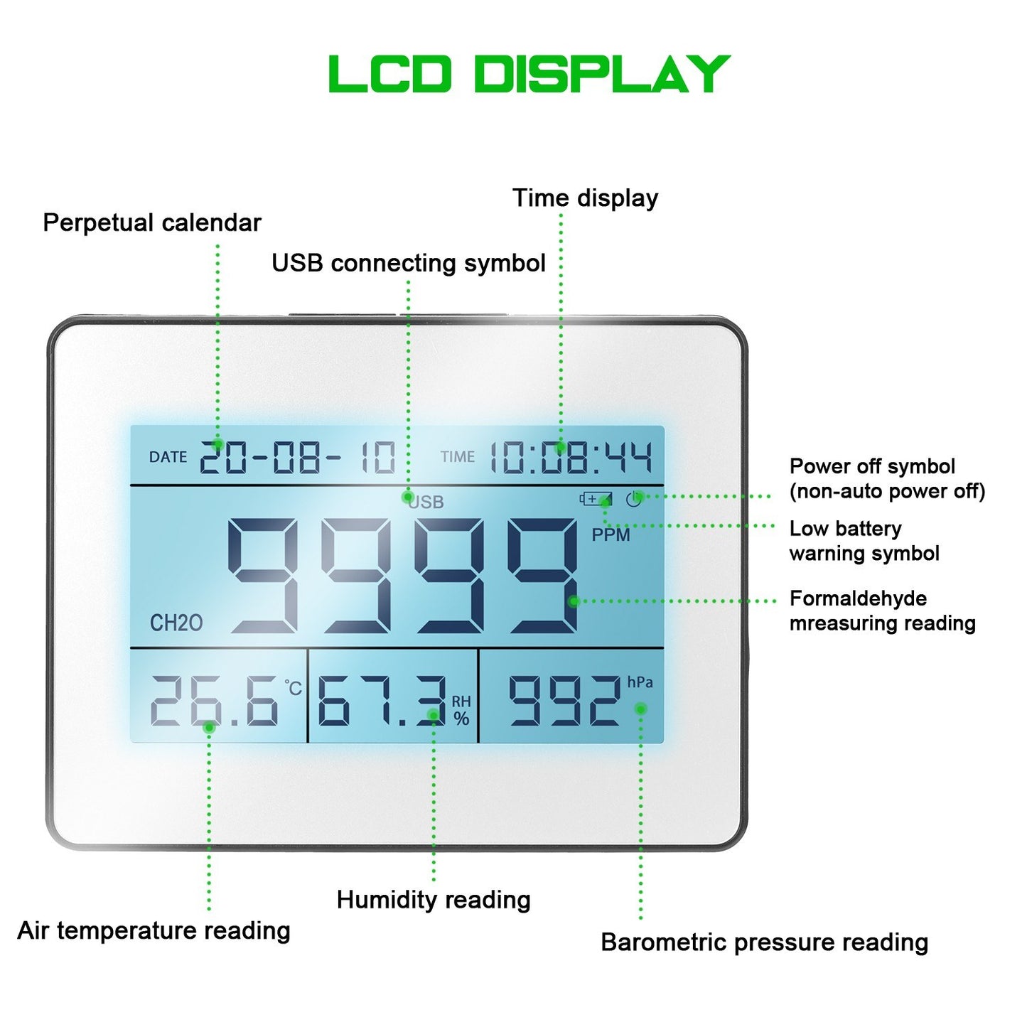 EU Plug Professional LCD Data Logging Formaldehyde Detector with Air Temperature Humidity Barometric Pressure Detection