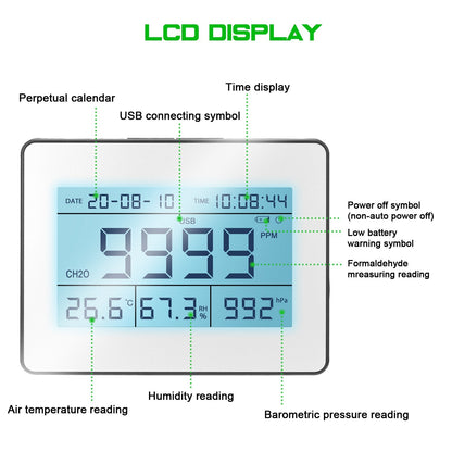EU Plug Professional LCD Data Logging Formaldehyde Detector with Air Temperature Humidity Barometric Pressure Detection