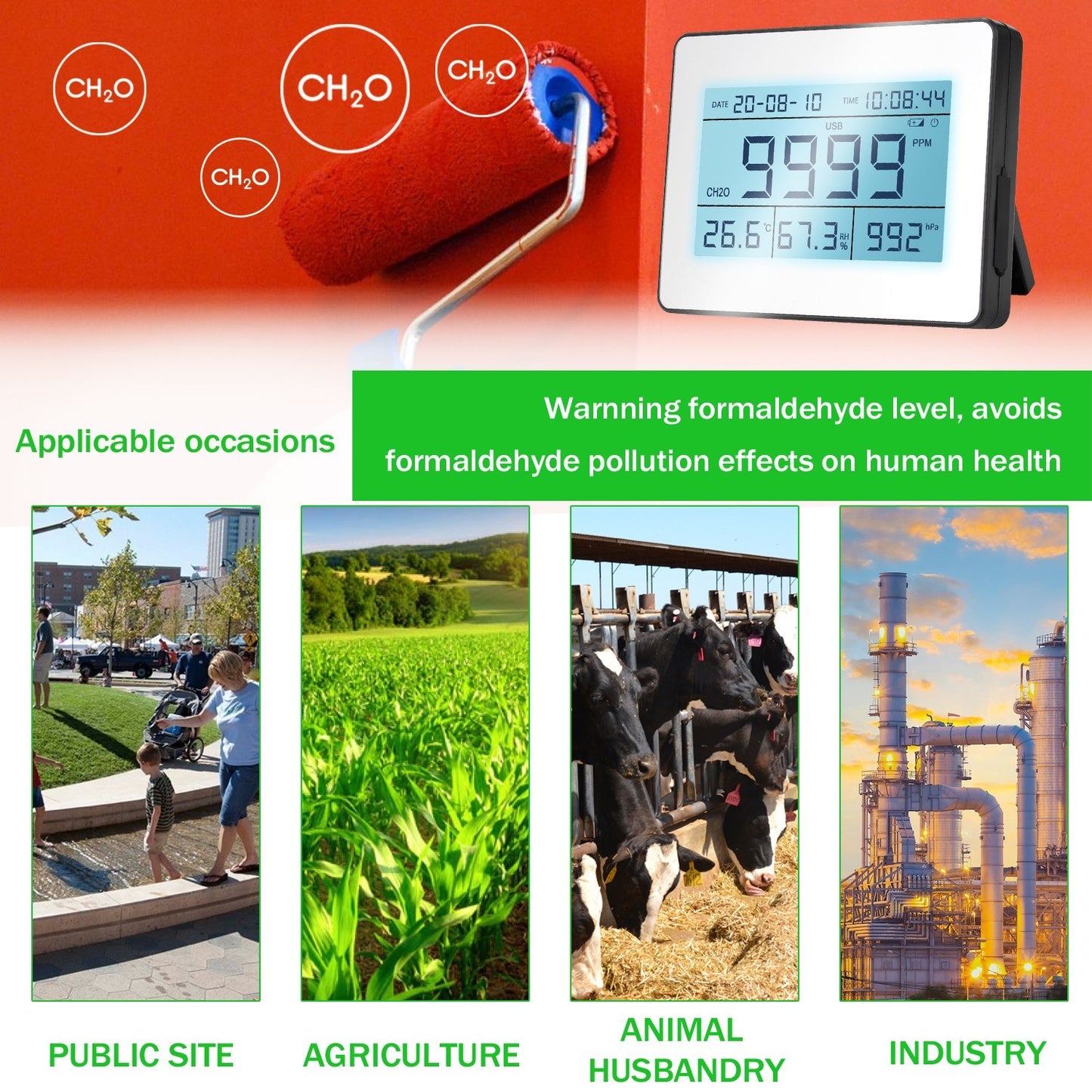 EU Plug Professional LCD Data Logging Formaldehyde Detector with Air Temperature Humidity Barometric Pressure Detection
