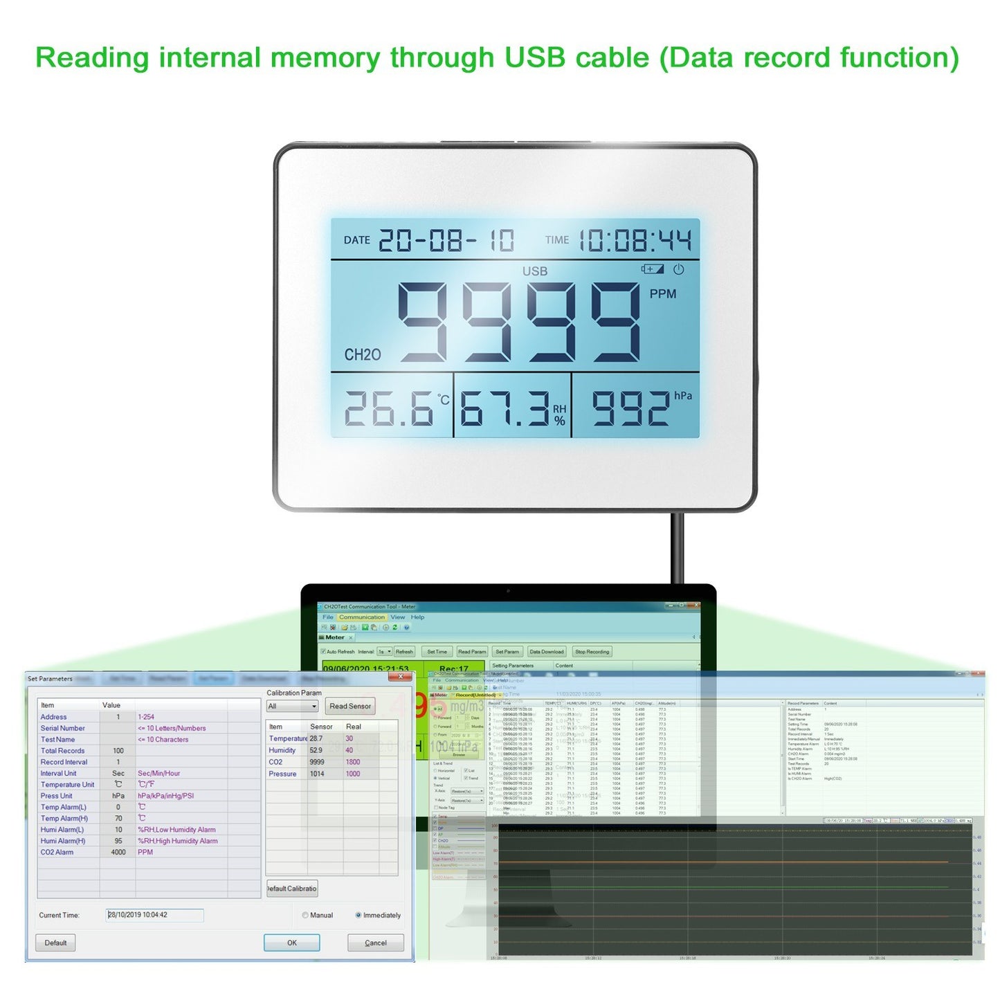 EU Plug Professional LCD Data Logging Formaldehyde Detector with Air Temperature Humidity Barometric Pressure Detection