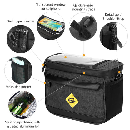 Multi-functional Cycling Insulated Bike Cooler Bag Anti-wear Water Resistant Bike Handlebar Bag Pannier with Bike Phone Mount