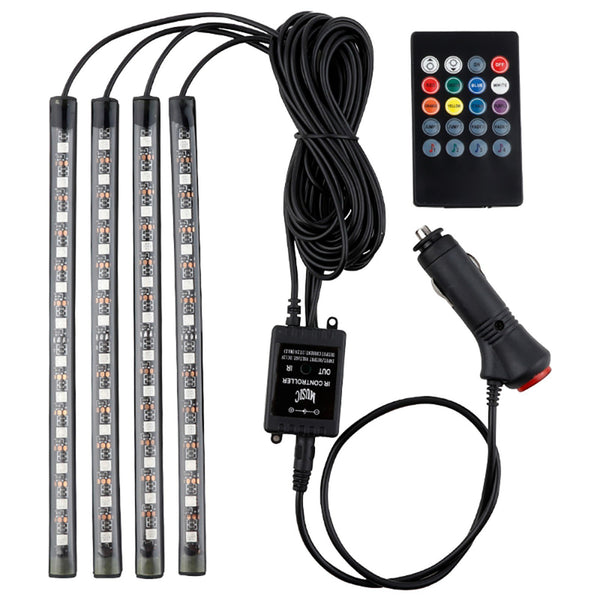 Car LED Strip Light 4Pcs 48 LED DC 12V Neon Strip Car Interior Led Decorative Lamp with Sound Active Function and Wireless Remote Control