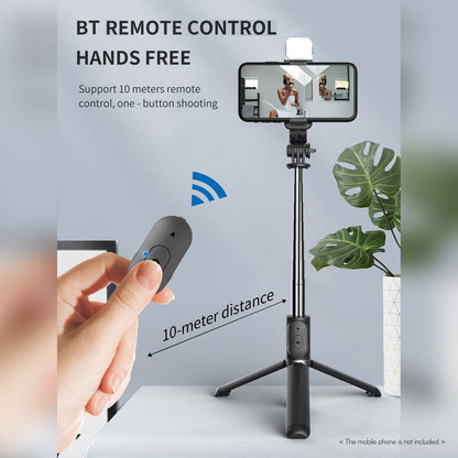 Wireless BT 4.0 Selfie Stick 104.5cm Max. Length Remote Control Extendable Tripod Stand with Fill Light for Video Recording Vlogging Live Streaming